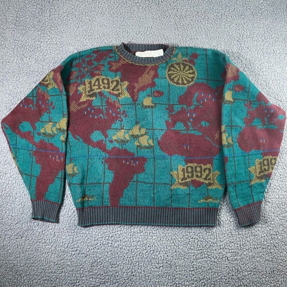 Vintage Crossings World Map Sweater Mens XL Teal  Made in USA Cotton